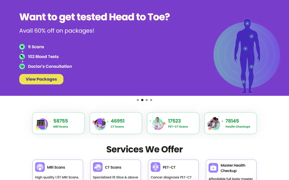 BookMyScans platform showing health check-up packages and scan booking